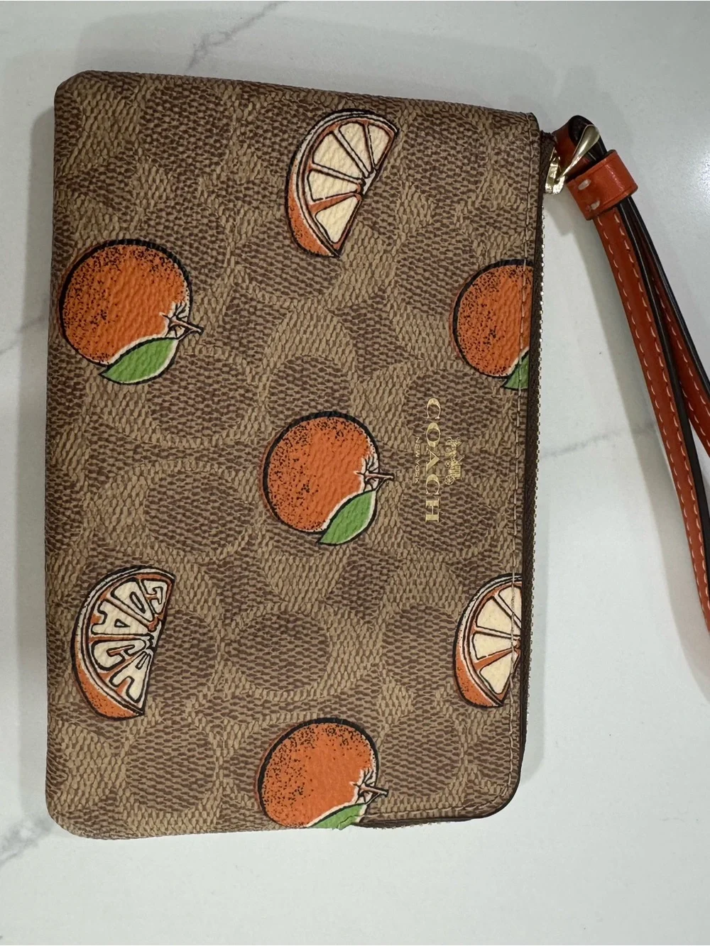 Coach Brown Signature Orange Print Wristlet Clutch with Orange Strap